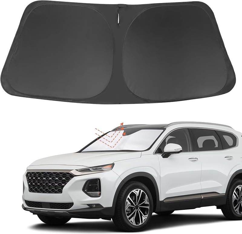 Protetor Solar para Para-brisa Fannyc com Ajuste Sob Medida para Hyundai Santa Fe 2019–2023 SE SEL SEL Plus, Dobrável, Prata e Preto