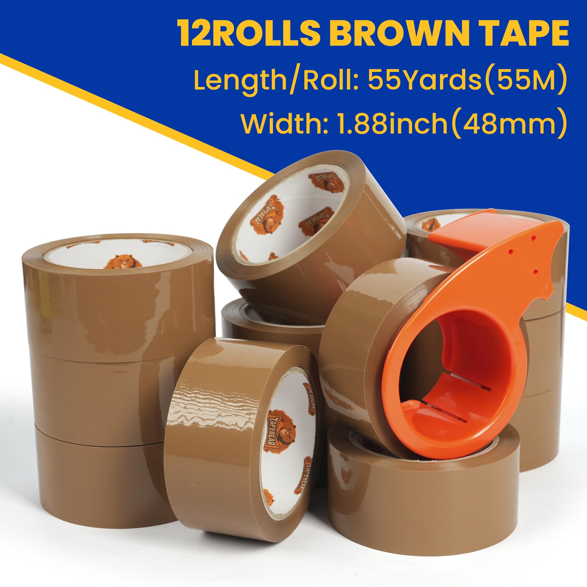 TAPEBEAR Ruban d'Emballage Marron 66 µm 48 mm x 50 m Lot de 12 Rouleaux