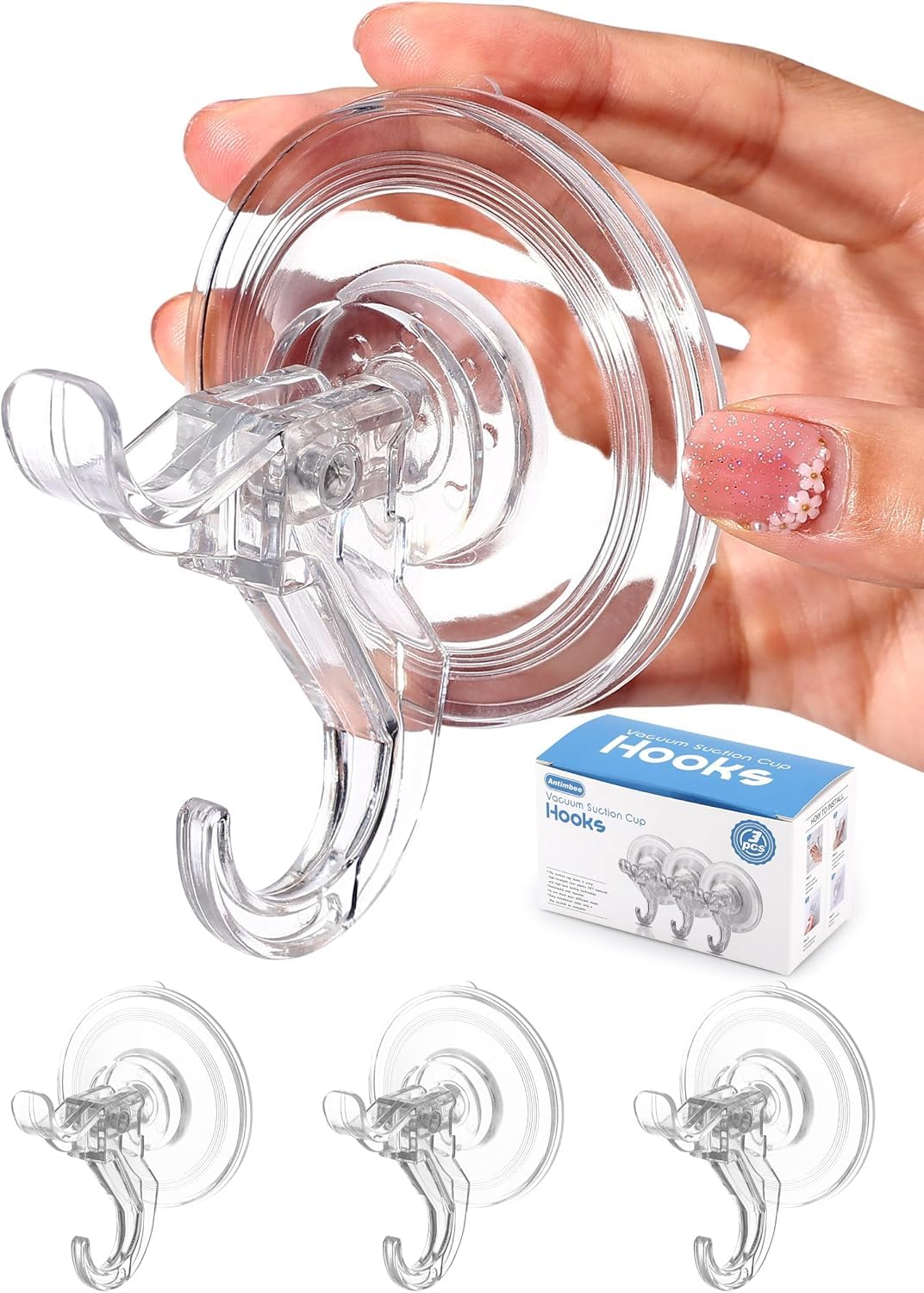 Antimbee 3 Stück Suction Cups with Hooks, Transparenter Aufhänger mit Saugnapf, Abnehmbare Saugnäpfe für Dusche, Badezimmer, Glas, Tür, Küche, Maximale Hängung bis zu 5kg auf Glatten Oberflächen
