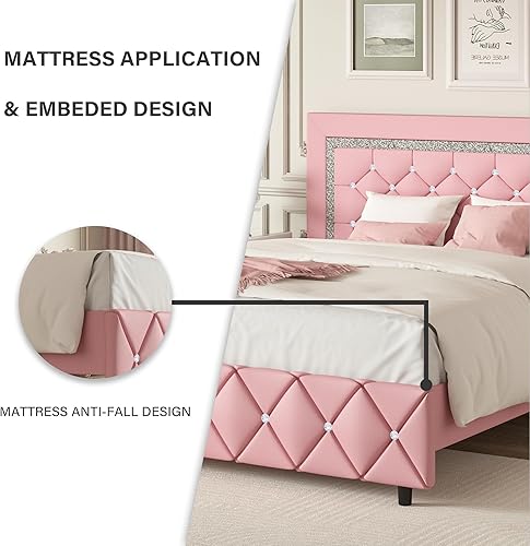 Miniatura 111 de BarnFurin - Base de cama matrimonial con cabecera capitoné, plataforma tapizada con diseño de diamante, base de colchón, soporte de listones de