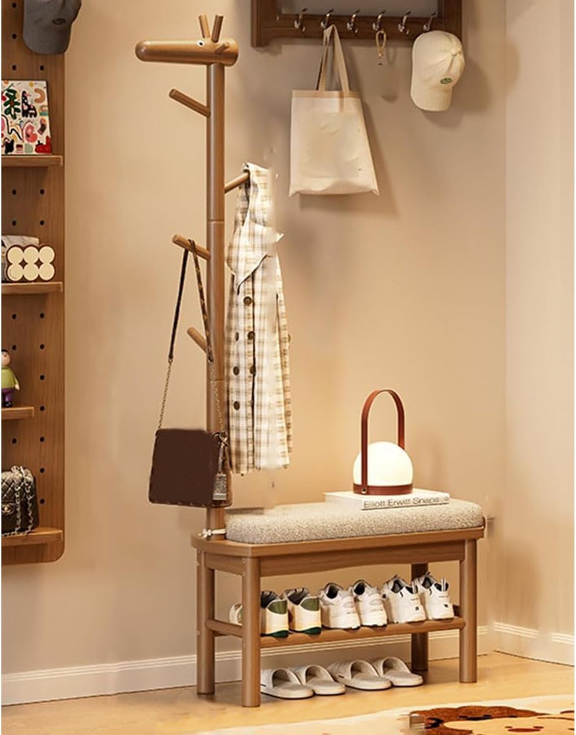 Entryway Deer Coat Rack with Shoe Bench, 3-in-1 Entryway Organizer with Cushion, Wood Hall Tree with Shoe Storage, Detachable Coat Hanger Stand for Hallway Bedroom(21.6"W x 11.8"D x 17"H, Walnut)