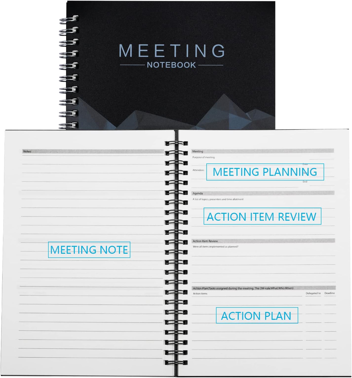 KATOOM 2pcs Meeting Notebook for Work,Spiral Meeting Paper Book with Action Items & Meet Plan for Business,Work,Agenda,Journal (Black,80 Ruled Sheets)