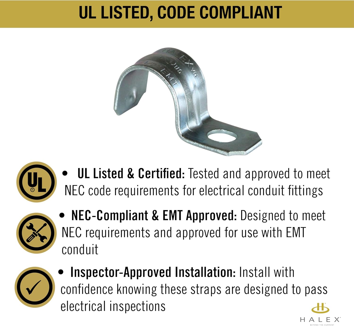 Halex 3/4” in. Electrical Metallic Conduit Strap Clamp – 1 Hole EMT Strap - 100 Pack of Steel Metal Straps, UL Listed