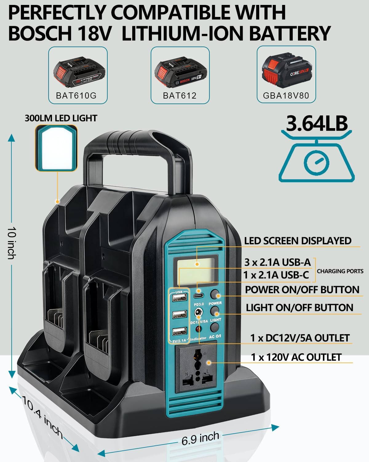 350W Power Inverter for Bosch 18v Battery, 4-Ports DC 18V to AC 110-120V Pure Sine Wave Battery Inverter with 3 USB-A Port, 1 USB-C Port,300lm LED Light for Camping Travel Emergency(Tool Only)