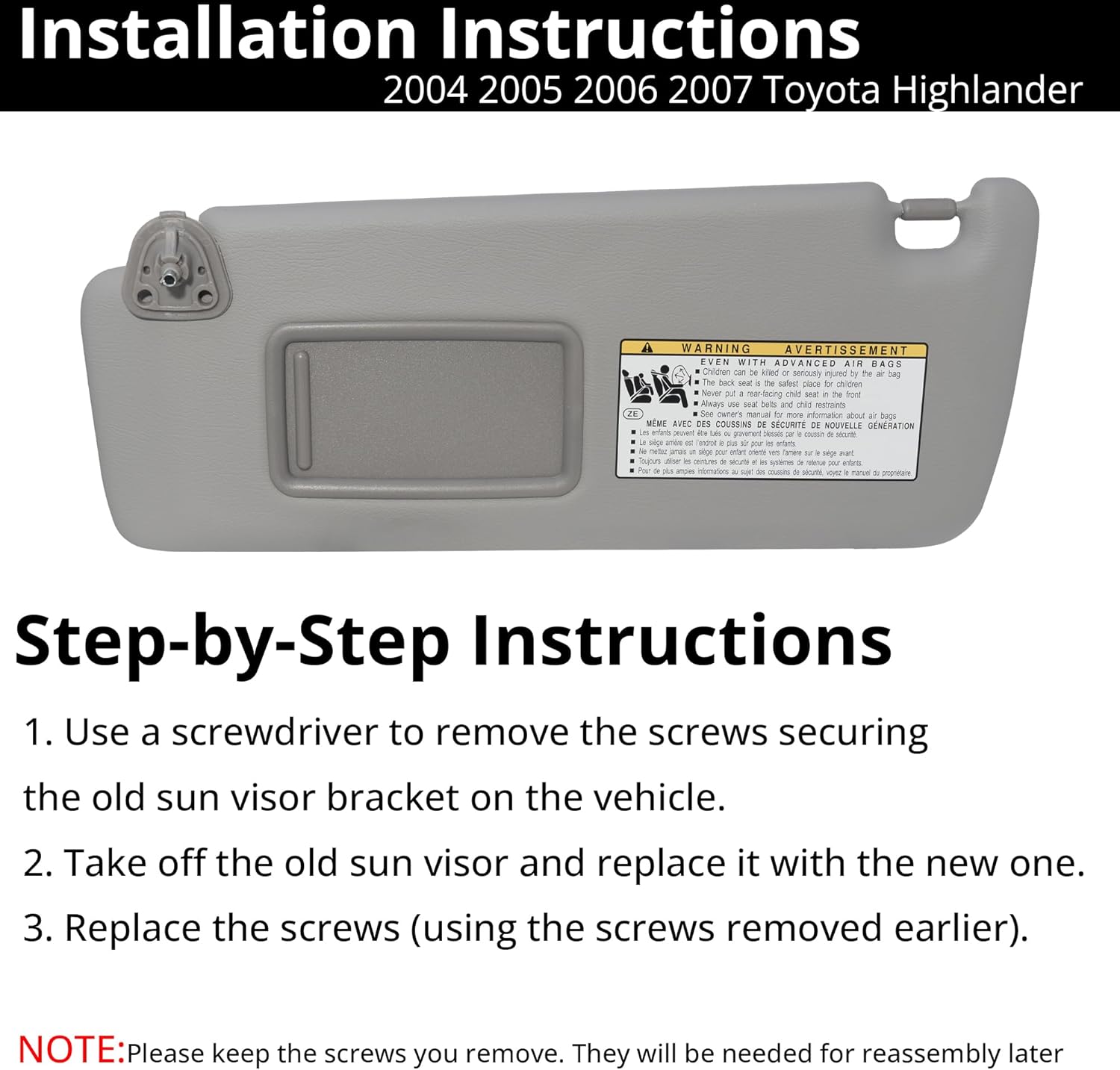 Sun Visor Fit for 2004-2007 Toyota Highlander Left Driver Side Without Light Replace #7432048260B0 Gray