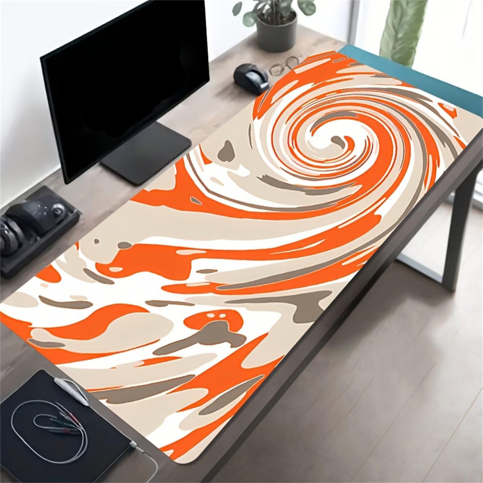 Grand Tapis de Souris de Jeu 900x400x3 mm Mouse Pad Gaming Orange Blanc Tapis de Bureau Antidérapant avec Bords Cousus pour Bureau, Études, Gamer
