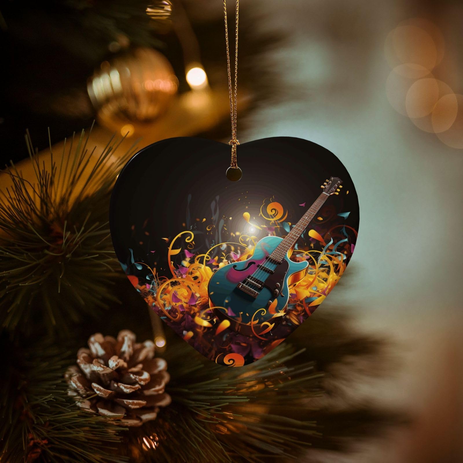 Christmas Ornaments for Christmas Tree Decoration Hanging Music Background Ornament with Gold Ribbon Crafts Heart Shape Ceramic Pendant for Keepsake Gifts Xmas Decor Party Supplies