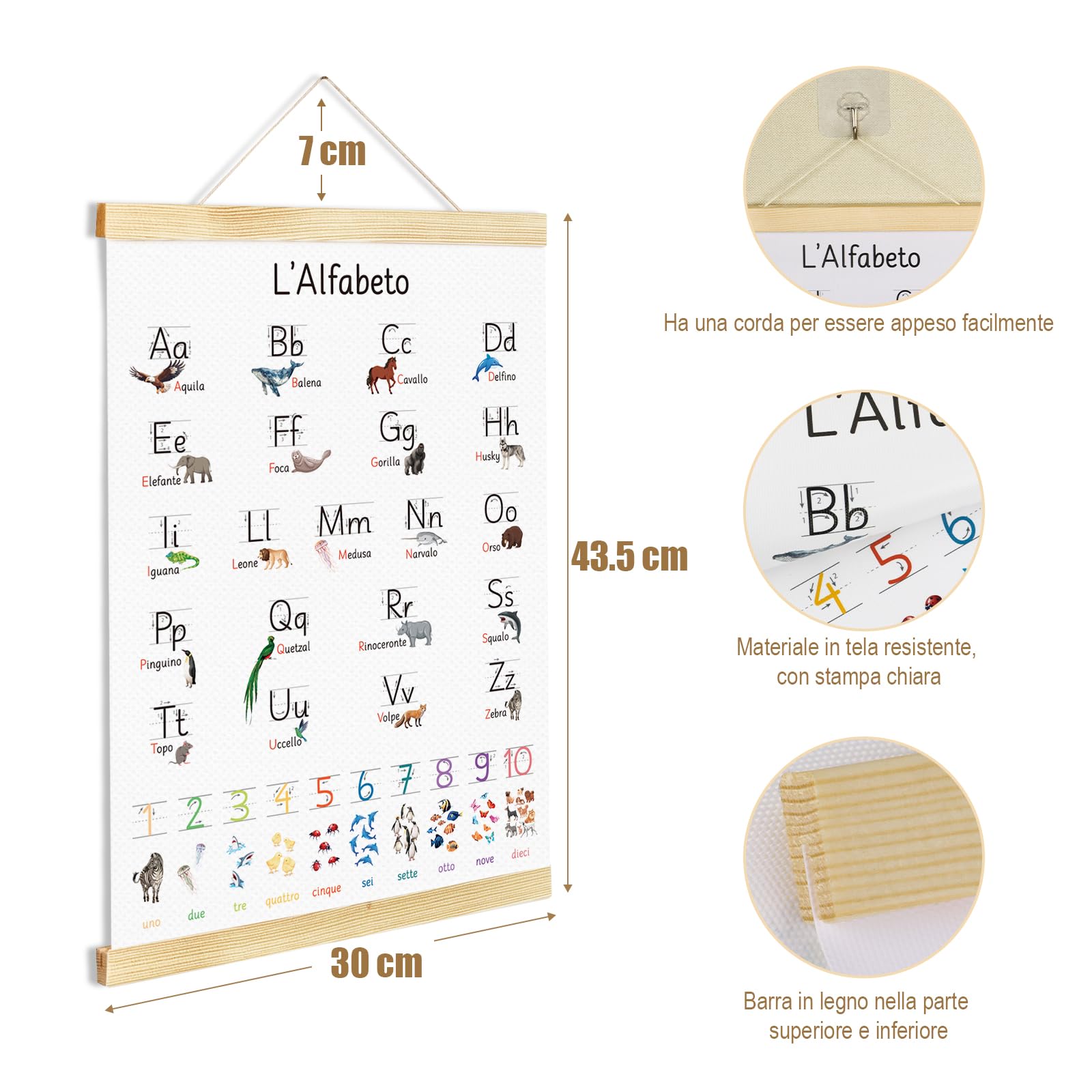 GEBETTER Alfabetiere Murale da Appendere Scuola con Numeri Animali, Poster Lettere Italiano Abecedario da Muro