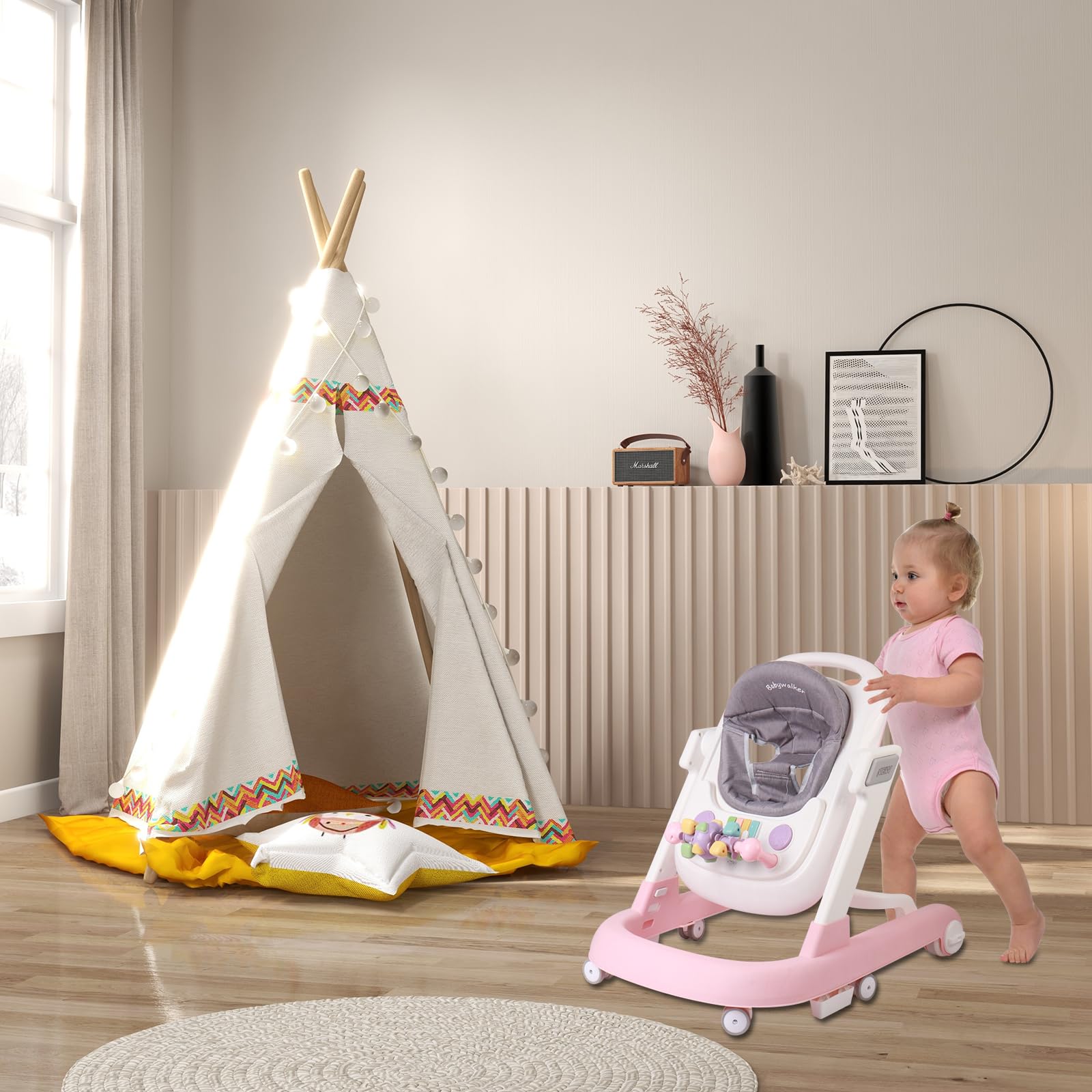 Andador escalable, andador con actividades, ajustables, arco de actividad ajustable con juguetes incluidos, para bebé de 6 a 12 meses, 60 x 55 x 70 cm, rosa