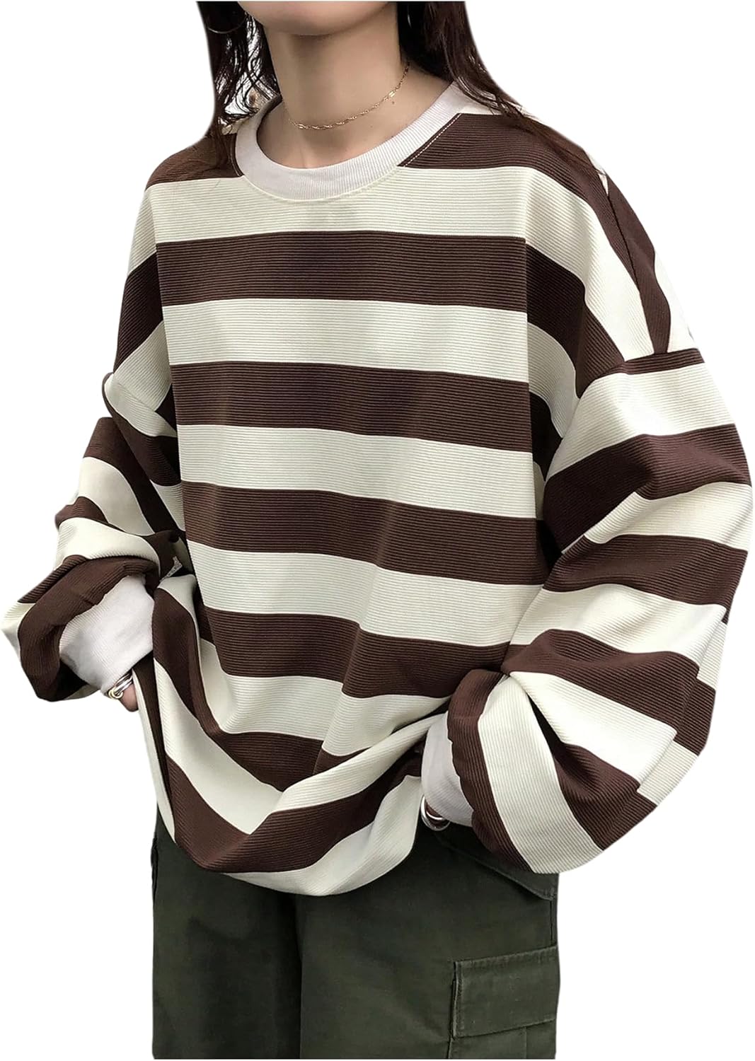 Milumia Women's Color Block Striped T Shirt Crew Neck Long Sleeve Oversized Tees Sweatshirts