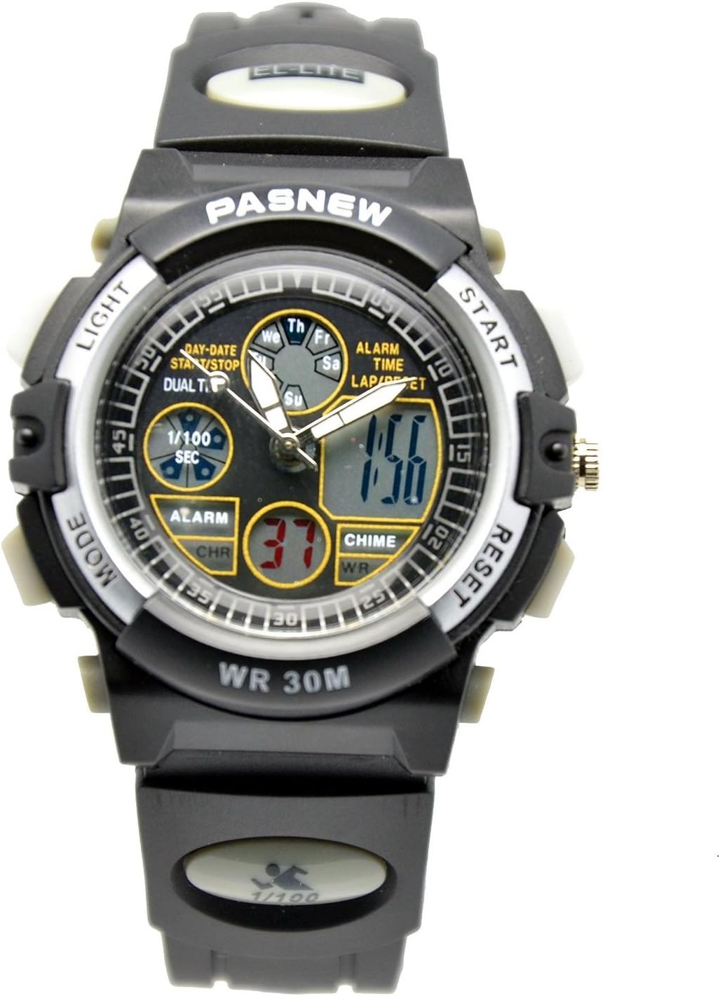 PASNEW Boys Girls Waterproof Sport Digital Watch Dual Time Display (Black)
