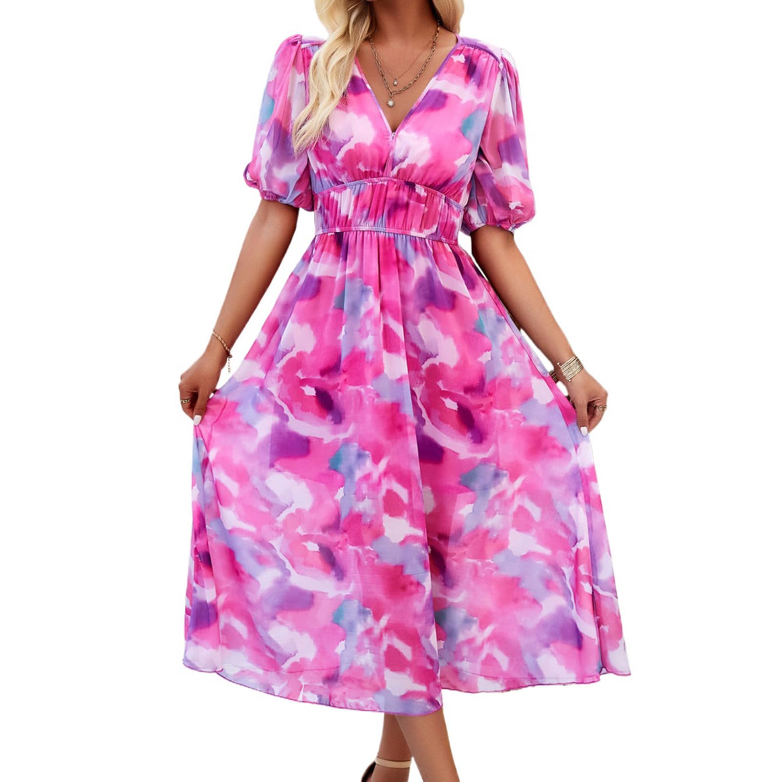 Vestido Bohemio de Verano para Mujer, Elegante Vestido Midi Floral con Cuello en V, Vestido Playero Fluido para Mujer