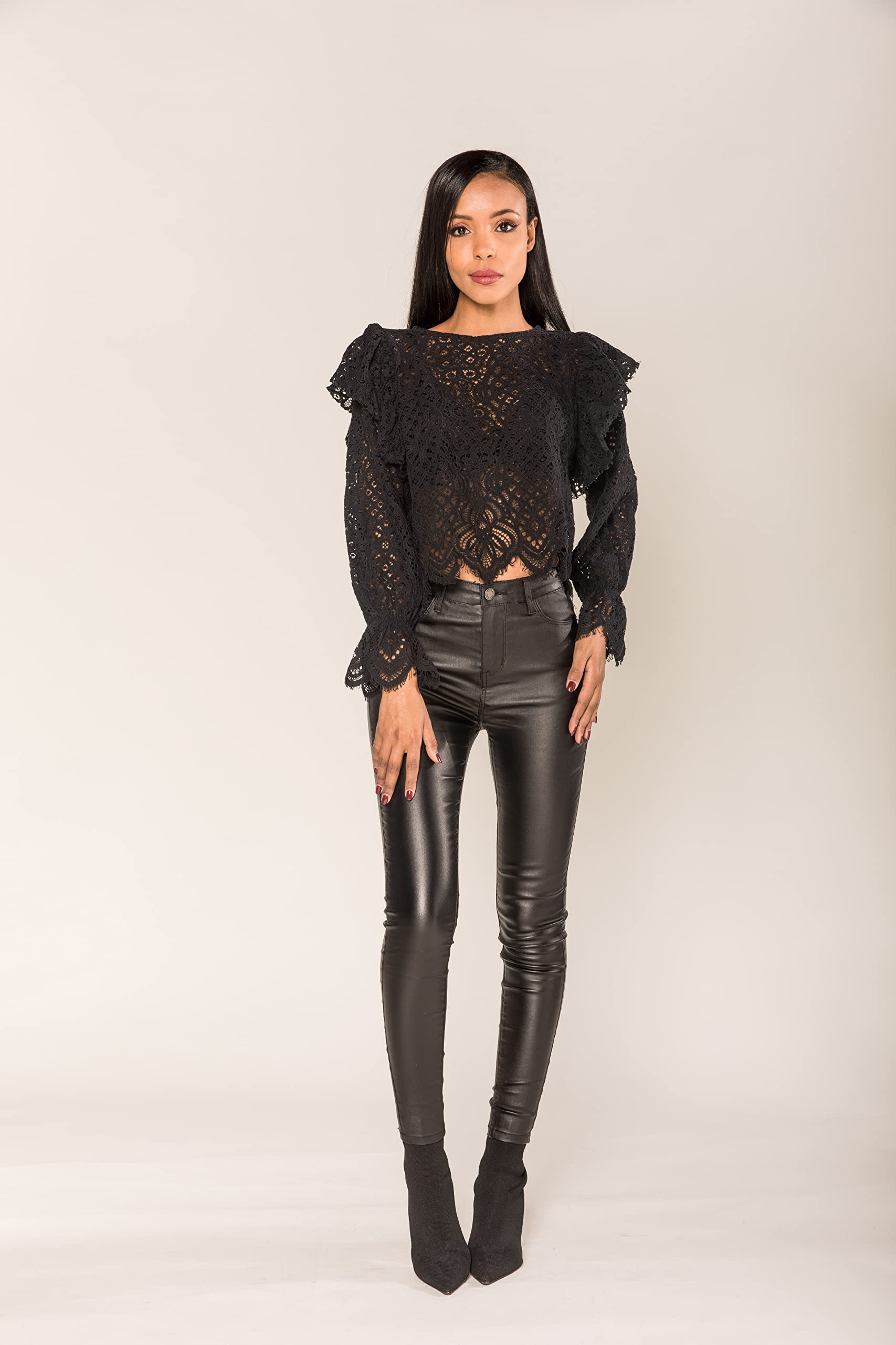 Nina Carter S513 Jean stretch pour femme Coupe skinny Effet mouillé Taille haute Aspect cuir Longueur cheville 5 poches