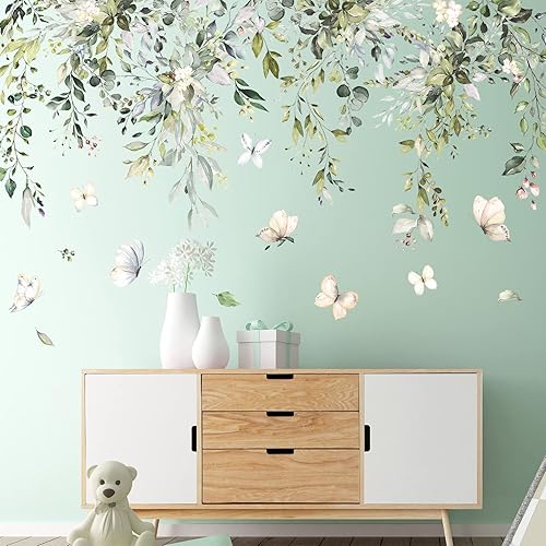 Miniatura 4 de Calcomanías de pared de hojas verdes colgantes para plantas, calcomanías de pared de vinilo para despegar y pegar, mariposas y hojas, murales de