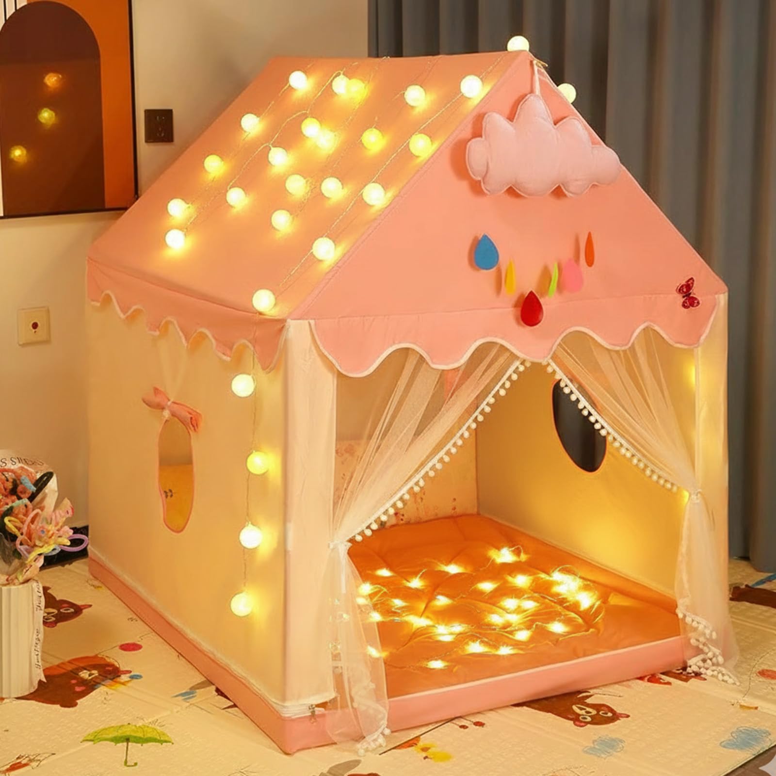 Large Kids Play Tent Indoor, 2 in 1 Children’s Playhouse with Star Lights and Colourful Flags