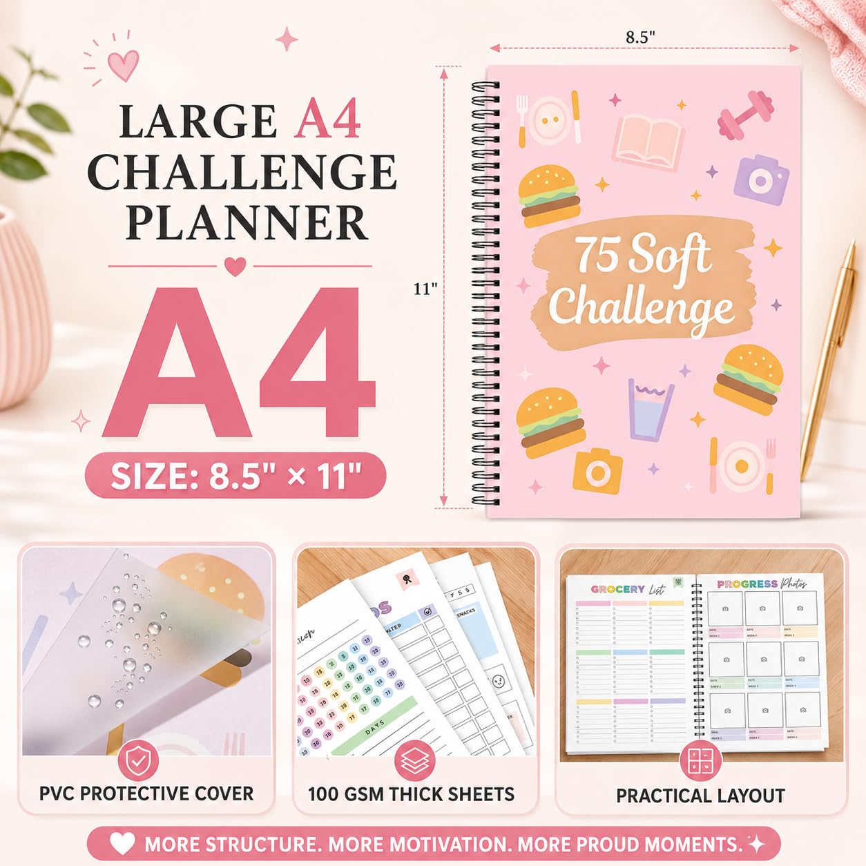 75 Soft Challenge Planner da donna, formato A4, spirale 75 Soft Challenge Journal, libro sfide morbido da 75 giorni con copertina impermeabile in PVC, tracker giornaliero delle sfide morbide 75