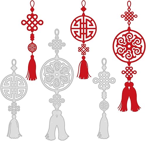 BENECREAT Troqueles de corte de borlas orientales de 3 estilos, plantillas de nudo chino para manualidades, álbumes de recortes, grabados en