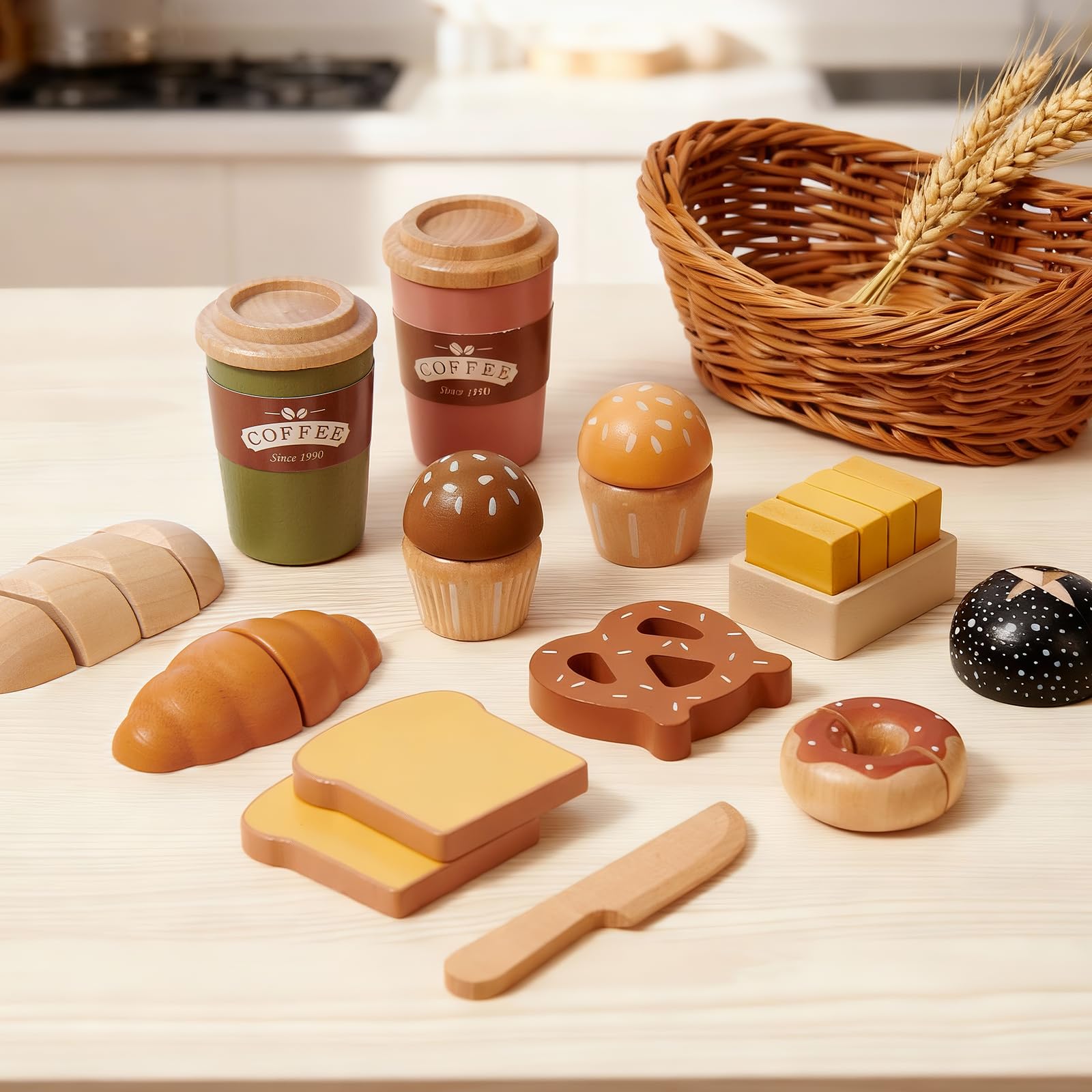 Atoylink Accesorios de Cocina para Niños de Madera, Juguetes de Panadería con Cesta y Pan, Accesorios de Cocina, Juguetes de Madera, Regalo para Niños y Niñas de 3 4 5 6 Años