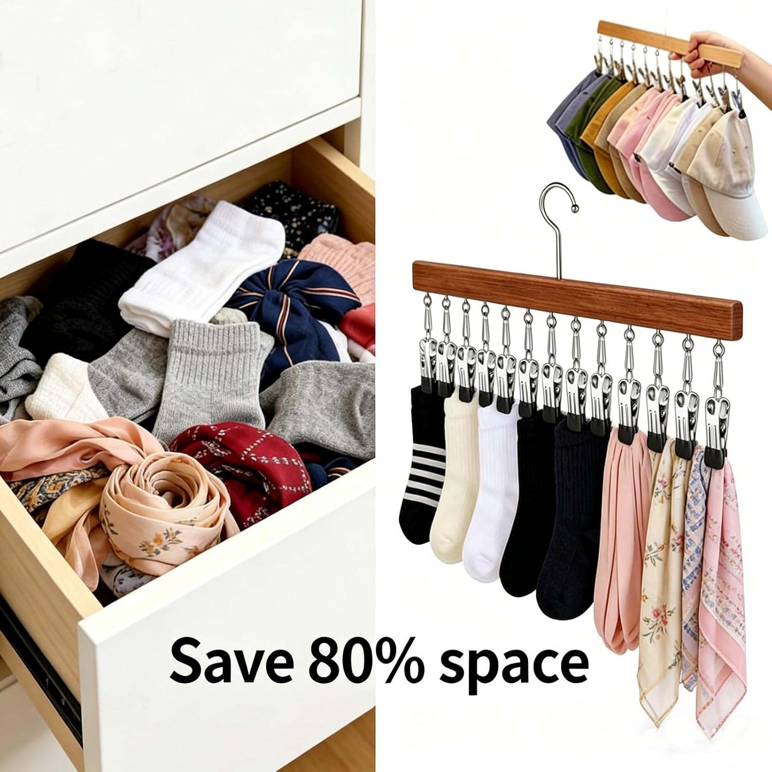 2026 Upgraded Pure Wood Rotating Closet Organizer with 12 Clips - 360° Rotating Legging Hangers for Closet, Space Saving Wooden Pants Hanger for Jeans, Skirts(B-4PCS)