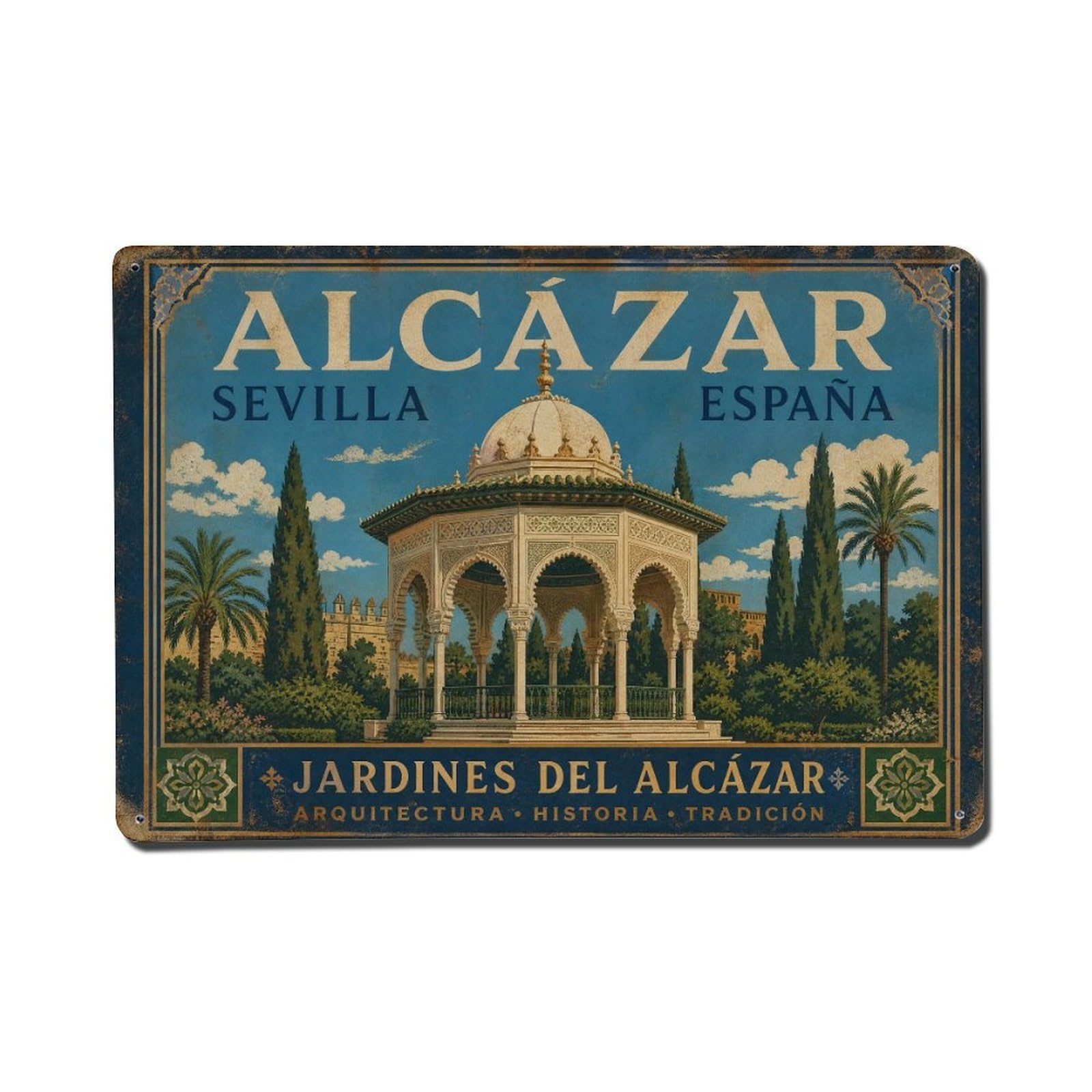 Yrnq 08X12inch Vintage Style Vintage Alcazar Pavilion Garden Gazebo Moorish Spain Metal Tin Sign