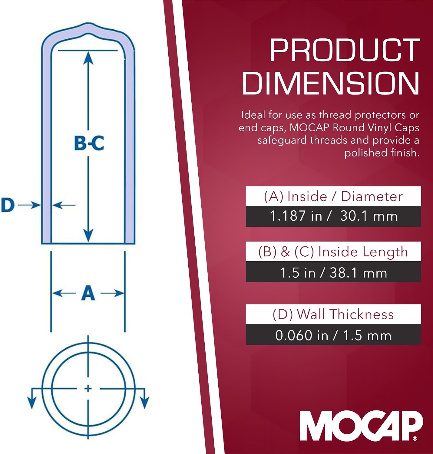 Round Vinyl Caps - 1.187" x 1.000" Round Vinyl Cap (RVC9042) Material: Red Vinyl MOCAP RVCC9042R-5 (qty20)