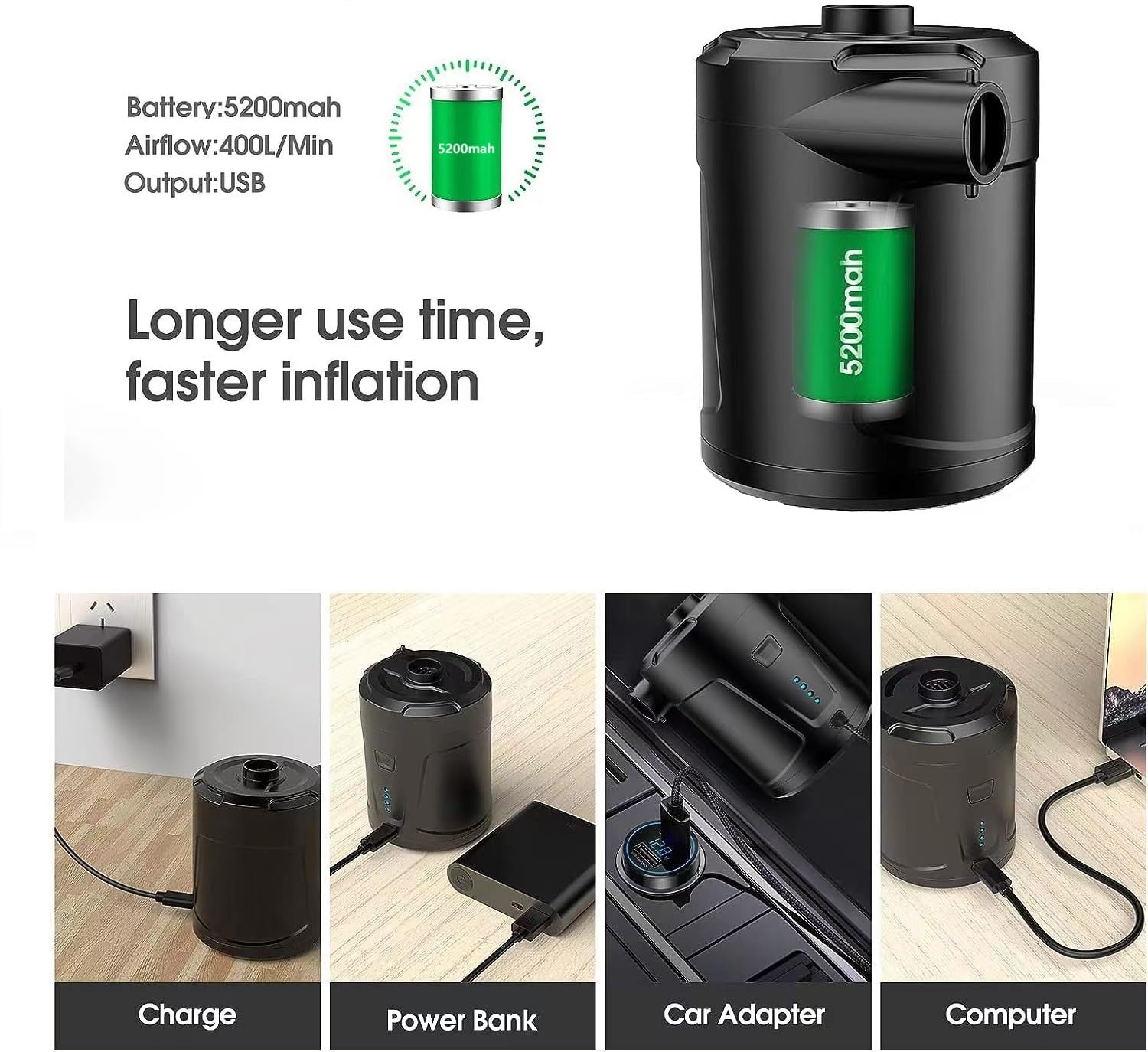 Electric Air Pump for Inflatables 5200mAh Air Mattress Pump Rechargeable Portable Mini Inflator/Deflator Pumps for Outdoor Camping, Inflatable Cushions, Air Mattress Beds, Swimming Ring Pool Toys