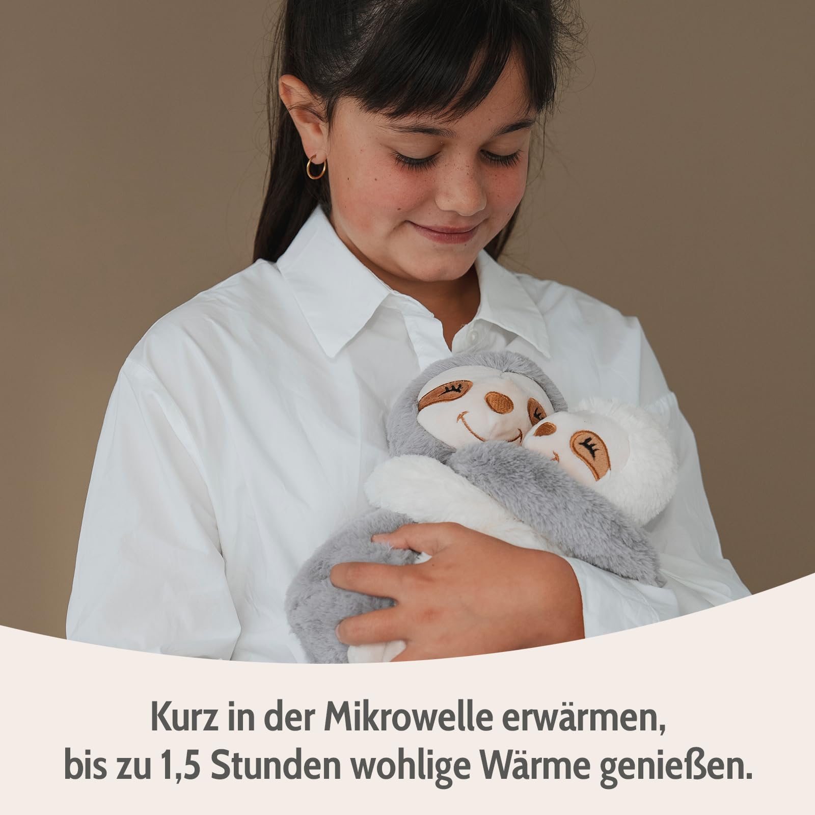 Habibi Plush Premium – 1960 Hugys Perezoso Mamá (Gris) + Niño (Crema), con cojín de grano extraíble – Cojín térmico para calentar en microondas o horno