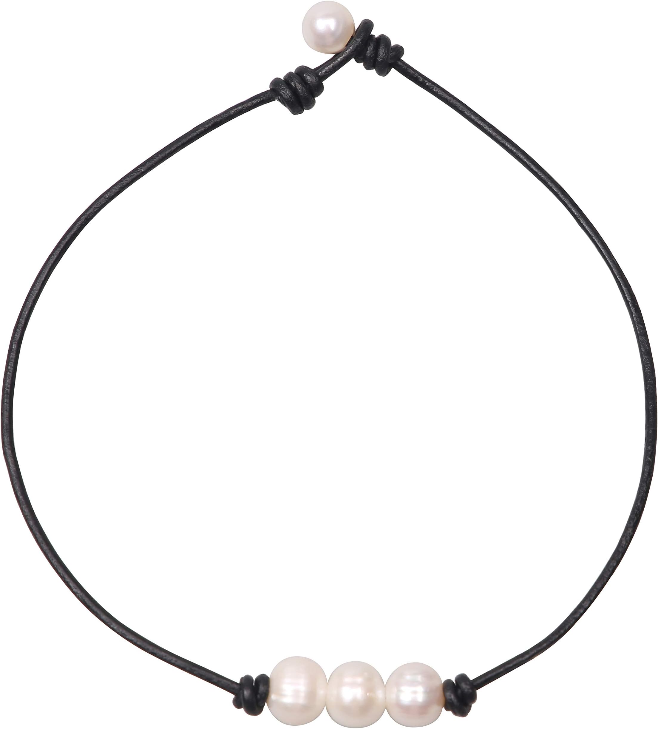 Women White 3 Cultured Freshwater Pearls Choker Necklace on Genuine Leather Cord Knotted Jewelry