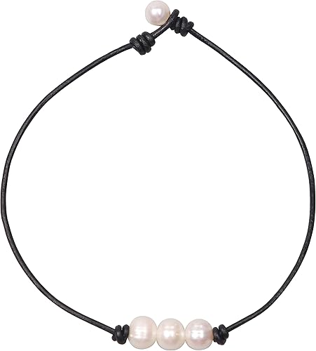 Collar de gargantilla de perlas cultivadas de agua dulce para mujer blanco en cordón de cuero genuino joyería anudada