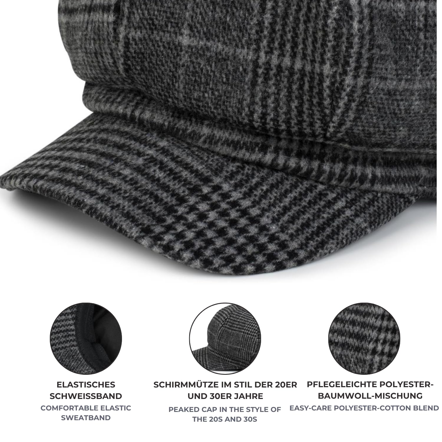 styleBREAKER Casquette Bakerboy pour Femmes avec Motif à Carreaux Glencheck, Casquette Ballon, Casquette Newsboy, Casquette Plate 04023060