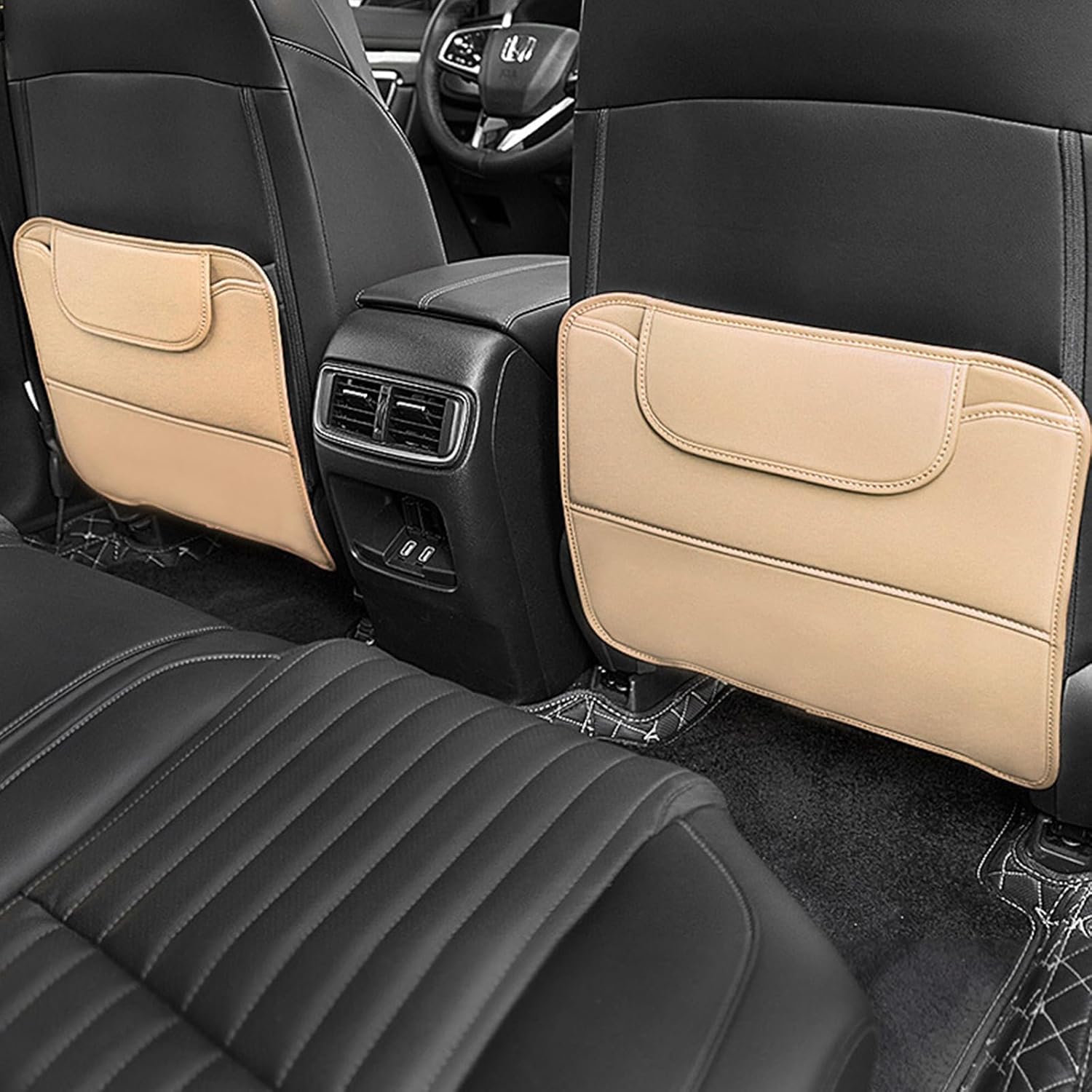 2 Pack Kick Mats Back Seat Protector for Mercedes Benz AMG GLE SUV/Coupe 400d 450 500 580/GLE 53 63 63S Car Seat Protector Multifunctional Back Seat Cover with Pockets,Beige