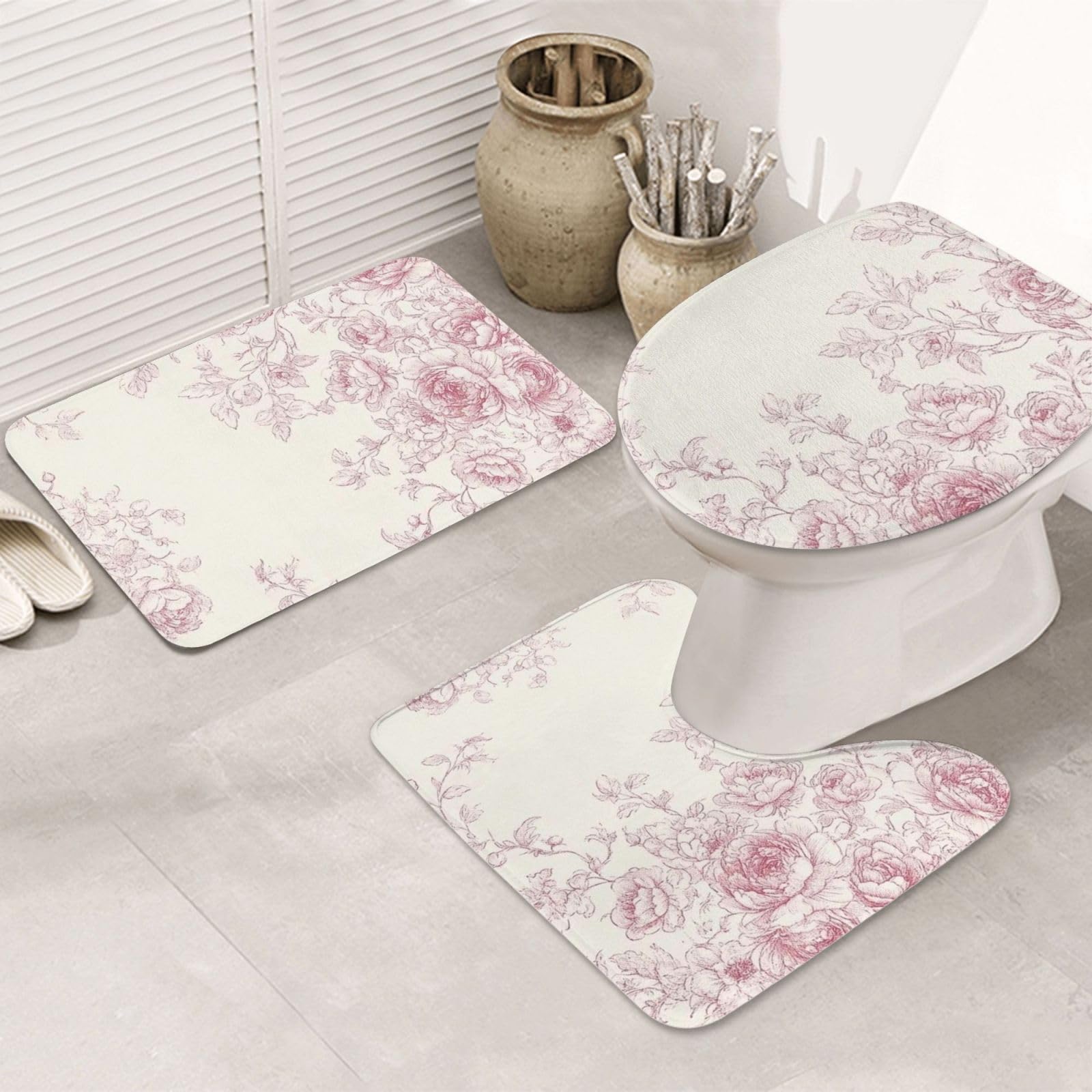 Alfombrilla de baño rosa y crema para decorar el suelo con flores chinas juego de 3