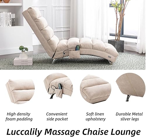 Miniatura 5 de Chaise Lounge de lino para interiores con función de masaje eléctrico, moderna silla reclinable para oficina, sala de estar o dormitorio (beige y