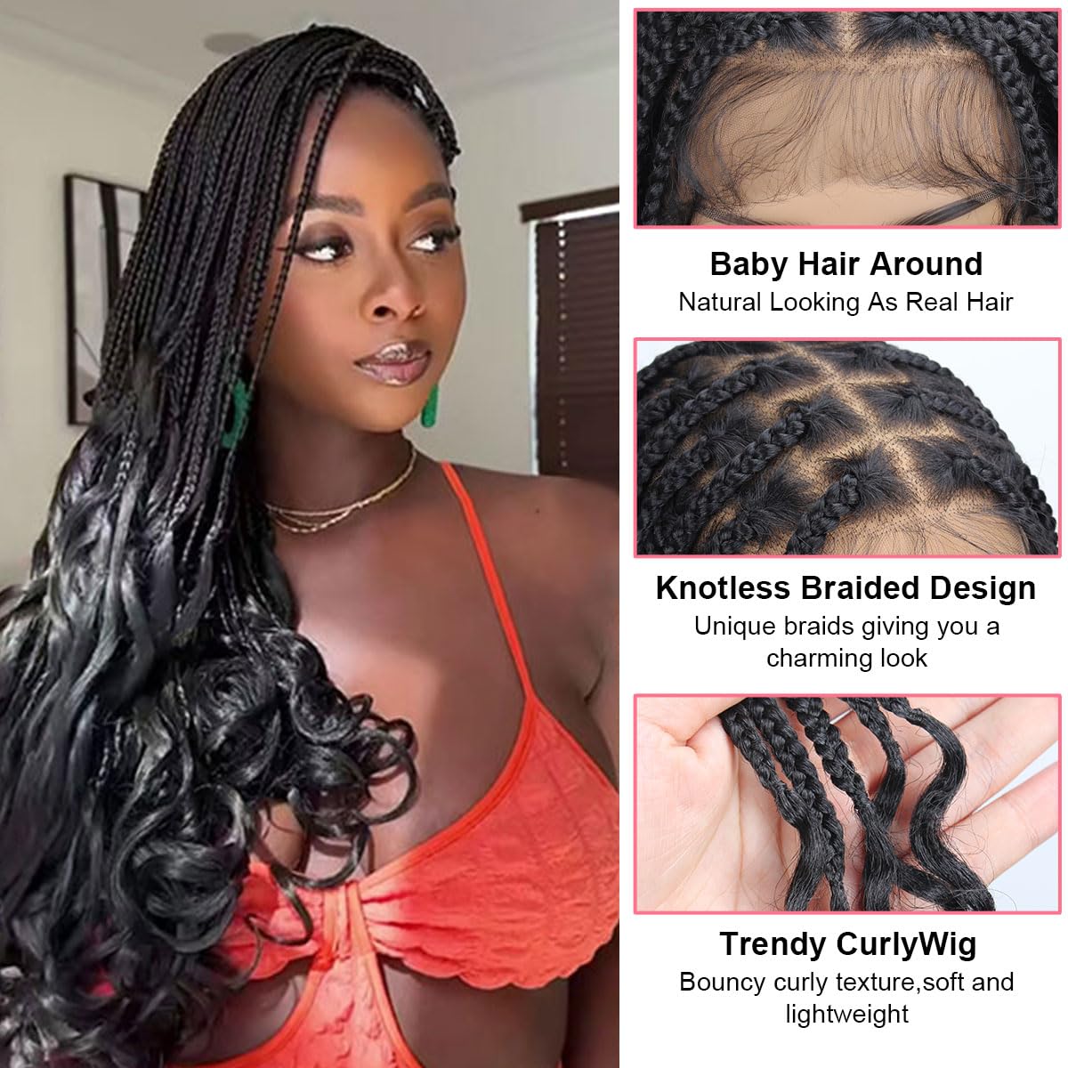 36 Inch Braided Wigs With Curly Ends, 360 Single Full Lace French Curl Braided Wigs for Black Women Knotless Box Braid Wig with Baby's Hair