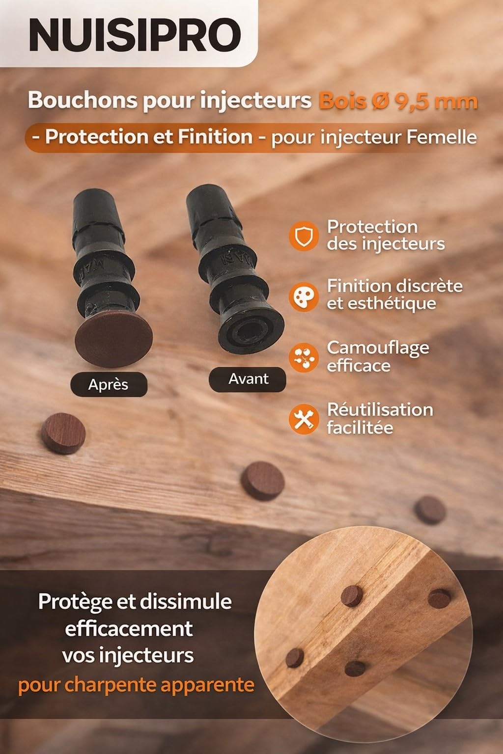 NUISIPRO - Tapones para inyectores de madera Ø 9,5 mm – Paquete de 100 – Protección y acabado – para inyector hembra