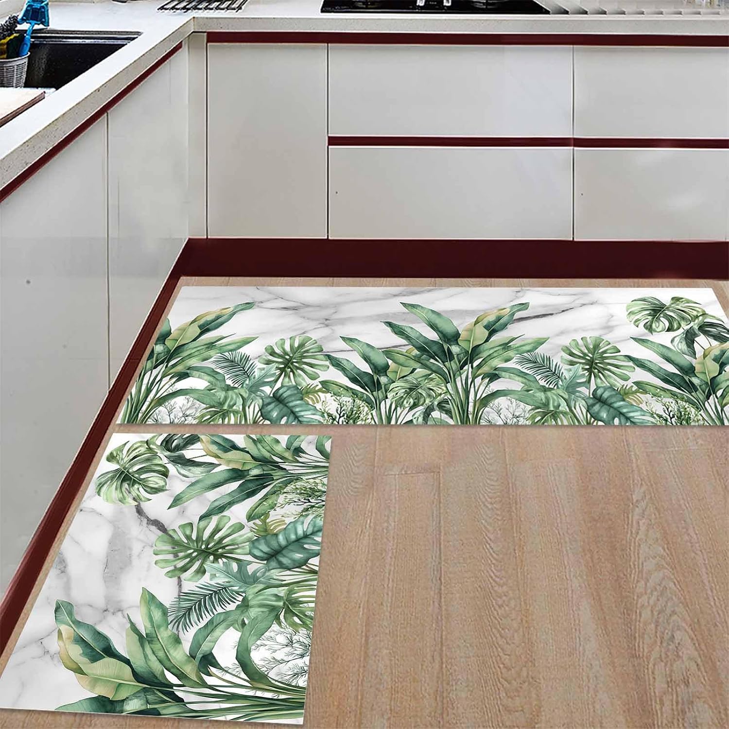 2 Pieces Kitchen Rugs and Mats,Summer Palm Leaf on Marble Texture Area Runner Rug Set Non Slip Floor Doormat Washable Carpet Standing Mat for Kitchen Sink Indoor Corridor,Watercolor Tropical Plant