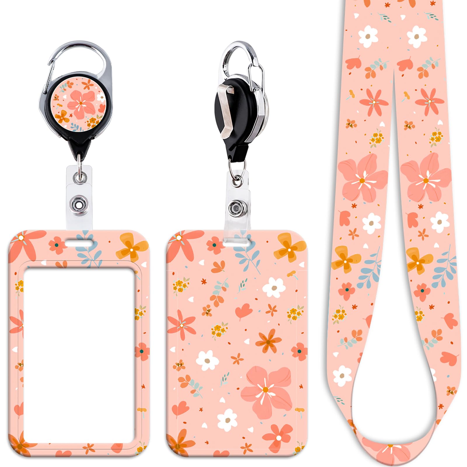 Juanooo Pink Floral Lanyard Card Holder with Retractable Badge Reel Cute Key Lanyard for Women Girls Teachers for ID Badge Flower Neck Lanyard for Keys