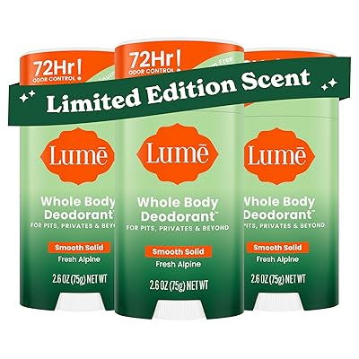 Lume Whole Body Deodorant - Smooth Solid Stick - 72 Hour Odor Control - Aluminum Free, Baking Soda Free and Skin Loving - 2.6 Ounce (Pack of 3) (Fresh Alpine)