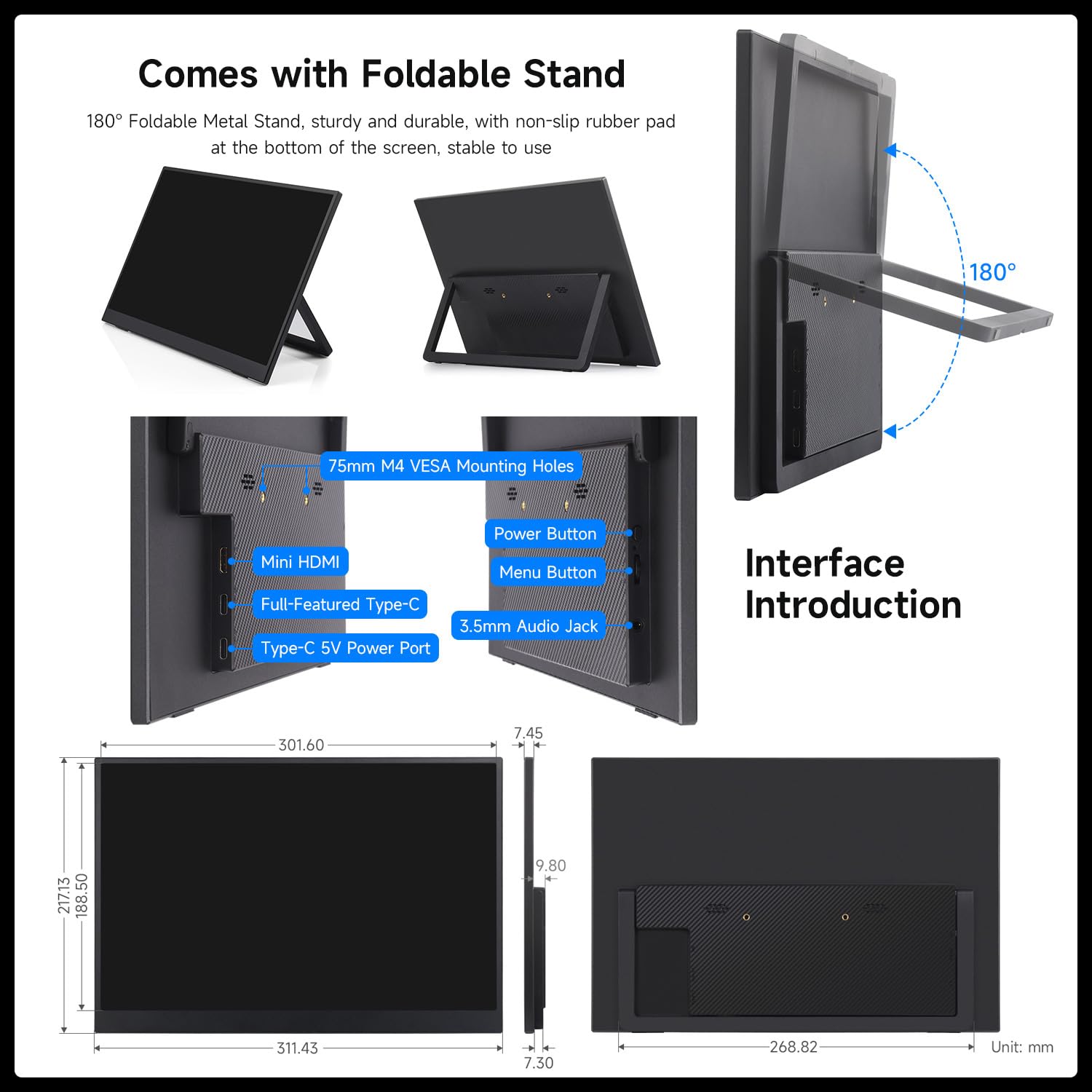 LUCKFOX 14" Portable Monitor with Stand - Plug&Play 1920x1200 WUXGA FHD Ultra Thin/Light USB-C HDMI Second Monitor 178° Viewing Dual-Track HiFi Speaker for Raspberry Pi/Jetson/PC/Game Console/Phone