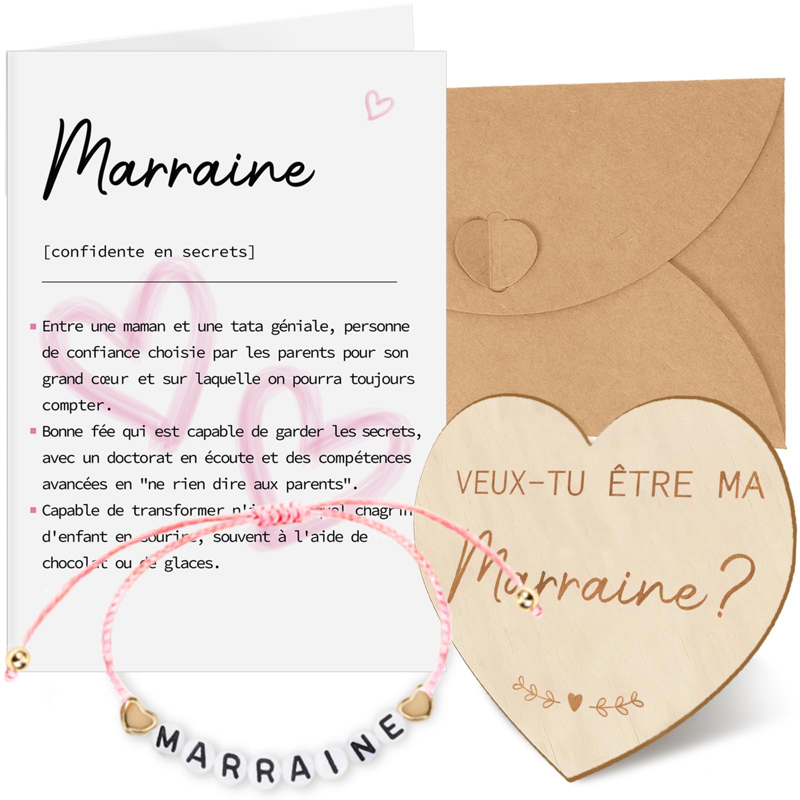 Carte de Demande en Bois pour Marraine, Bracelet avec Lettres, Idées Cadeaux