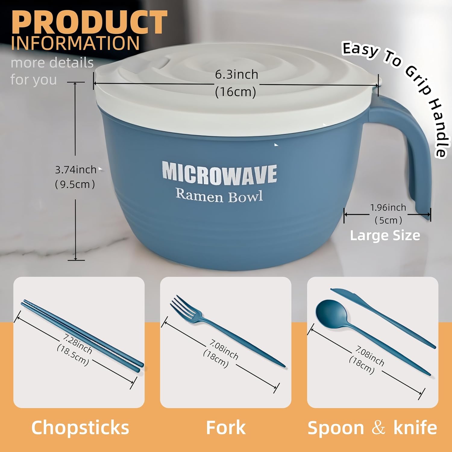 Layron Large Ramen Bowl, Ramen Noodle Bowls Microwavable 45 oz, Ramen Cooker, Microwave Pasta Cooker, Ramen Bowl Microwave Gift for College Boys Girls Male Female Dorm Room (blue) thumbnail