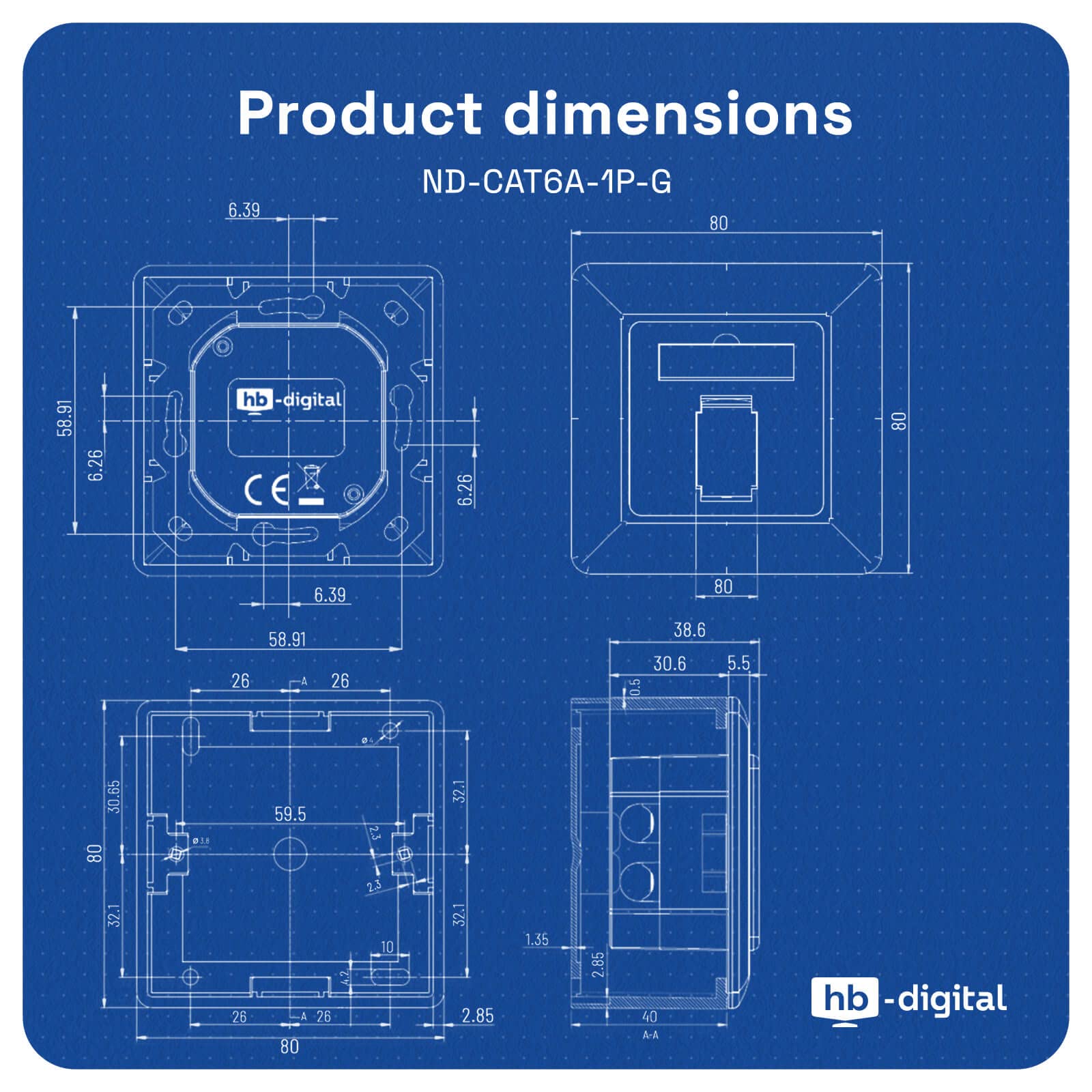 hb-digital Lot de 5 prises réseau CAT 6a pour câble de pose CAT.8 CAT.7 CAT.6A CAT.6 CAT.5 avec 1 port RJ45 | Boîte de données universelle EIA/TIA 568A&B 8P8C Gigabit Ethernet RAL9010 Blanc pur