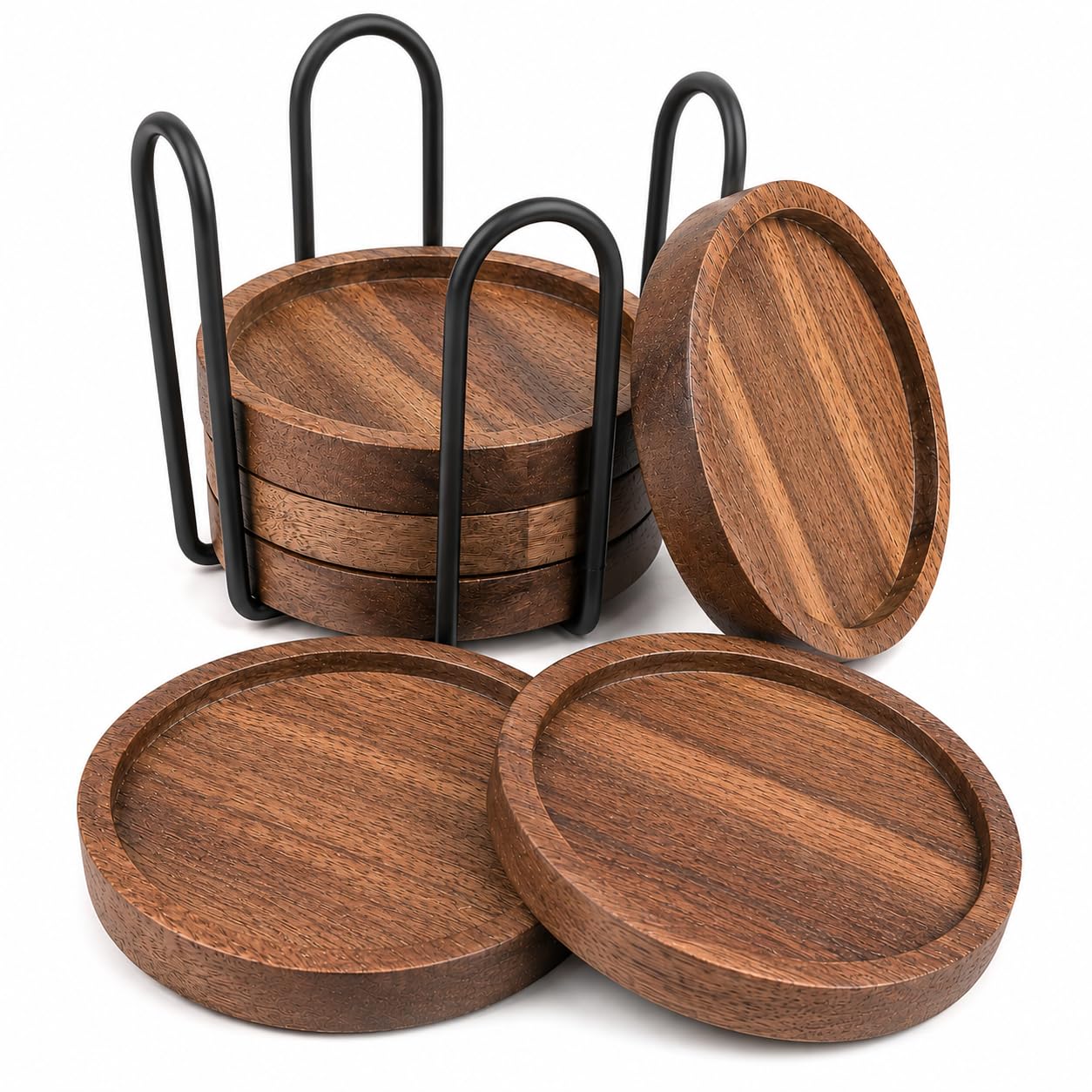 Acacia Wood Coasters Set of 5 with Holder – Thick 10cm Wooden Drink Coasters with Raised Edge – Premium Coffee Table Coasters for Home, Kitchen & Gifts