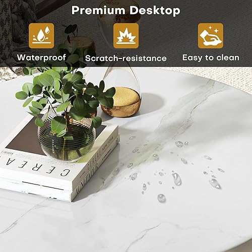 Miniatura 3 de BECHAEO Mesa auxiliar redonda para sala de estar, 31.5 pulgadas, exquisitas mesas de café de mármol sintético con marco dorado, mesa central moderna