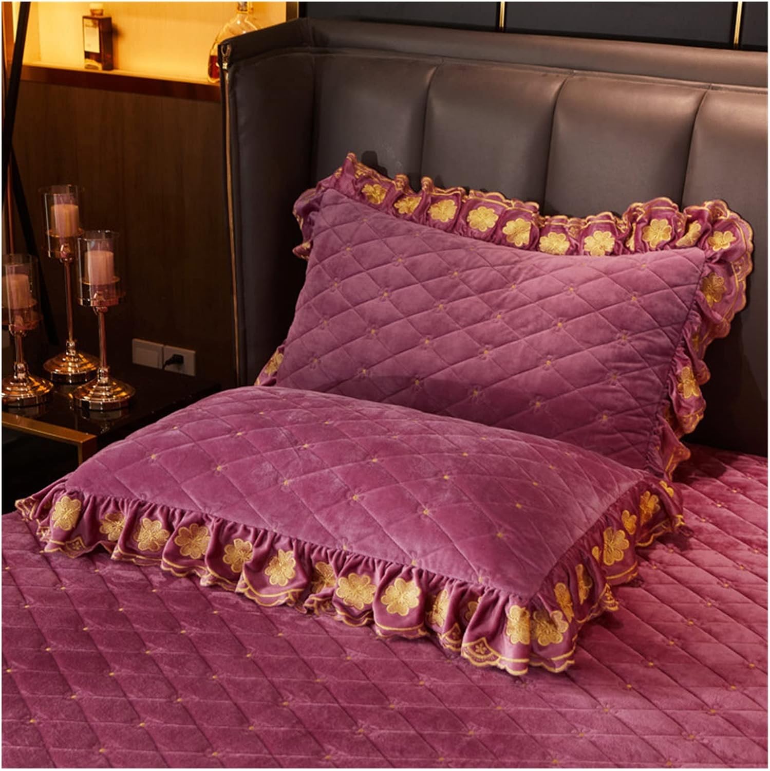 HBJWOV Velvet Embroidery Pillow Cases for Bed 2pcs Set Sleeping Rectangle Home Decor Covers Winter Warm Sof(Black)