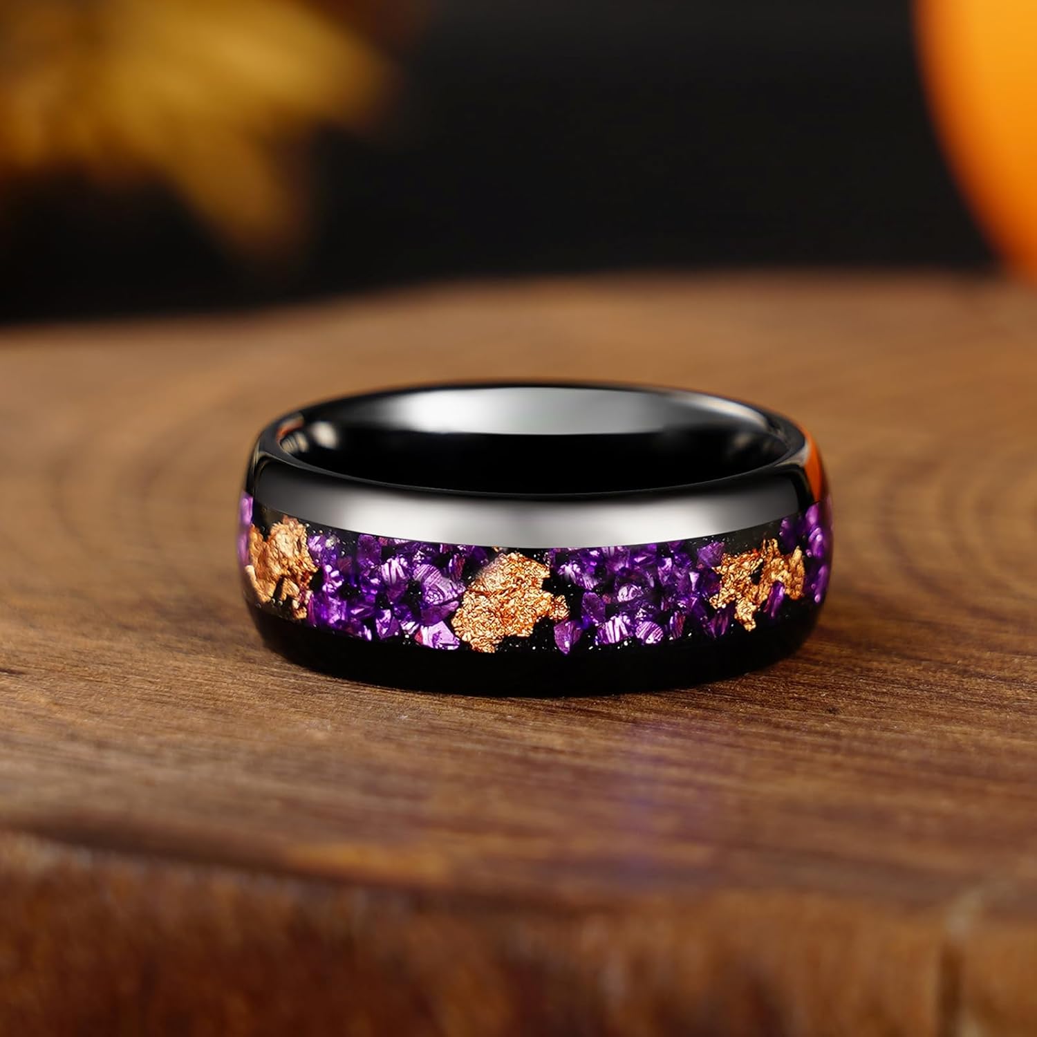 Purple Amethyst Outer Space Galaxy Look Tungsten Carbide Ring, Matching Nebula Black Silver 8/4mm Wedding Band for Man Woman, Anniversary Birthday Christmas Gift