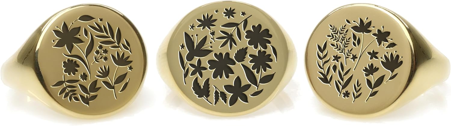 Engraved Flowers Ring - 14k Gold Signet - Bold Statement Ring for Women