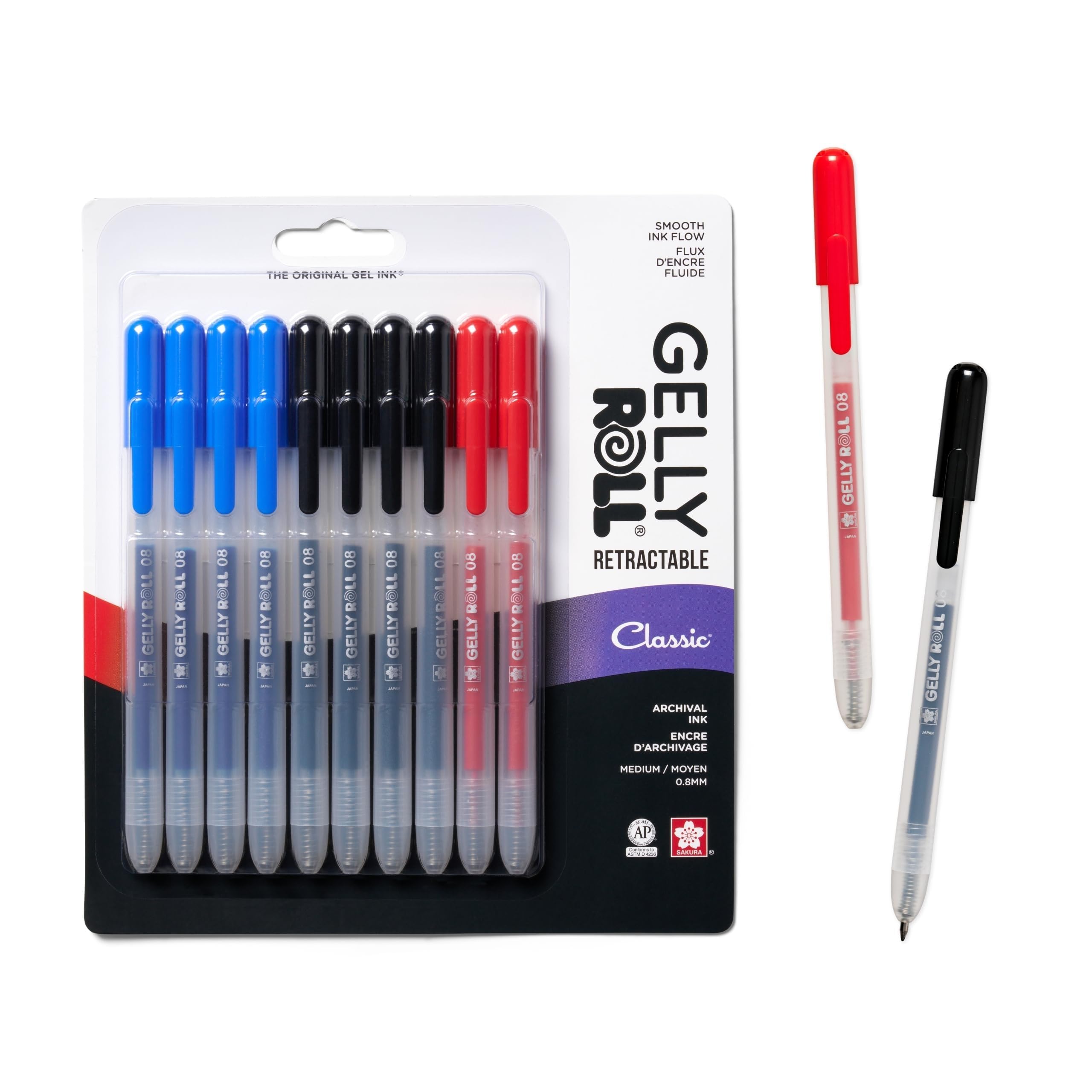 SAKURA Gelly Roll Retractable Gel Pens Colored - Classic Color Set - Medium Point Ink Pen for Journaling, Art, or Drawing - Colored Gel Pens with Black, Blue & Red Ink - 10 Pack