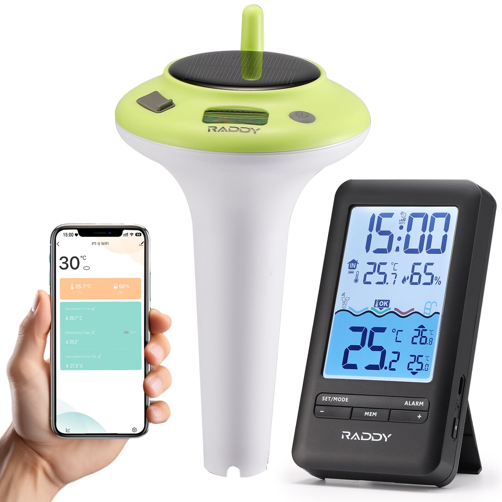 Raddy PT-5 Wi-Fi Pool Thermometer, Wireless Smart Floating Sensor with Indoor Console, APP Remote Monitoring, IPX8 Waterproof, Solar & USB-C