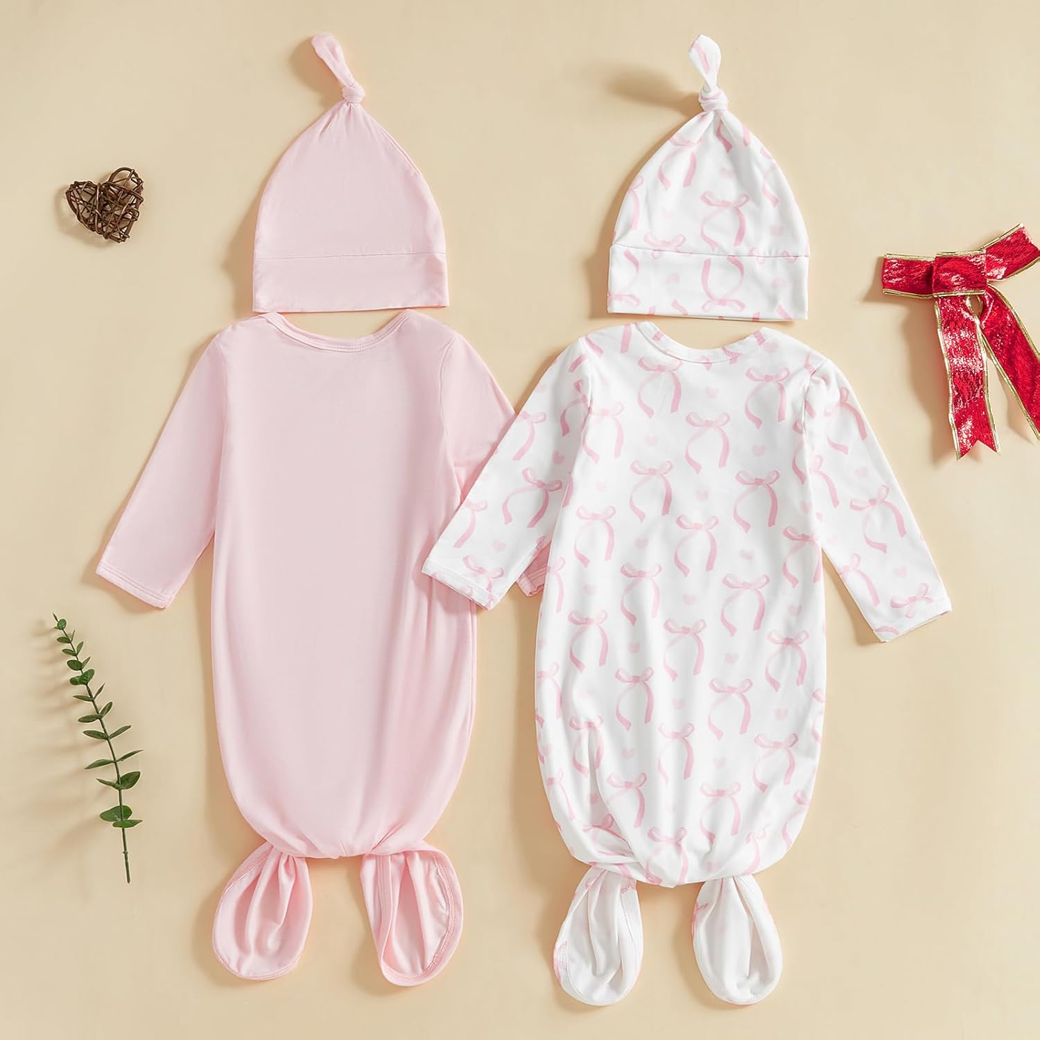 woshilaocai 2 Pack Baby Boy Girl Gown Sleeper Newborn Knotted Nightgown and Hat Set Infant Sleepwear - Image 4